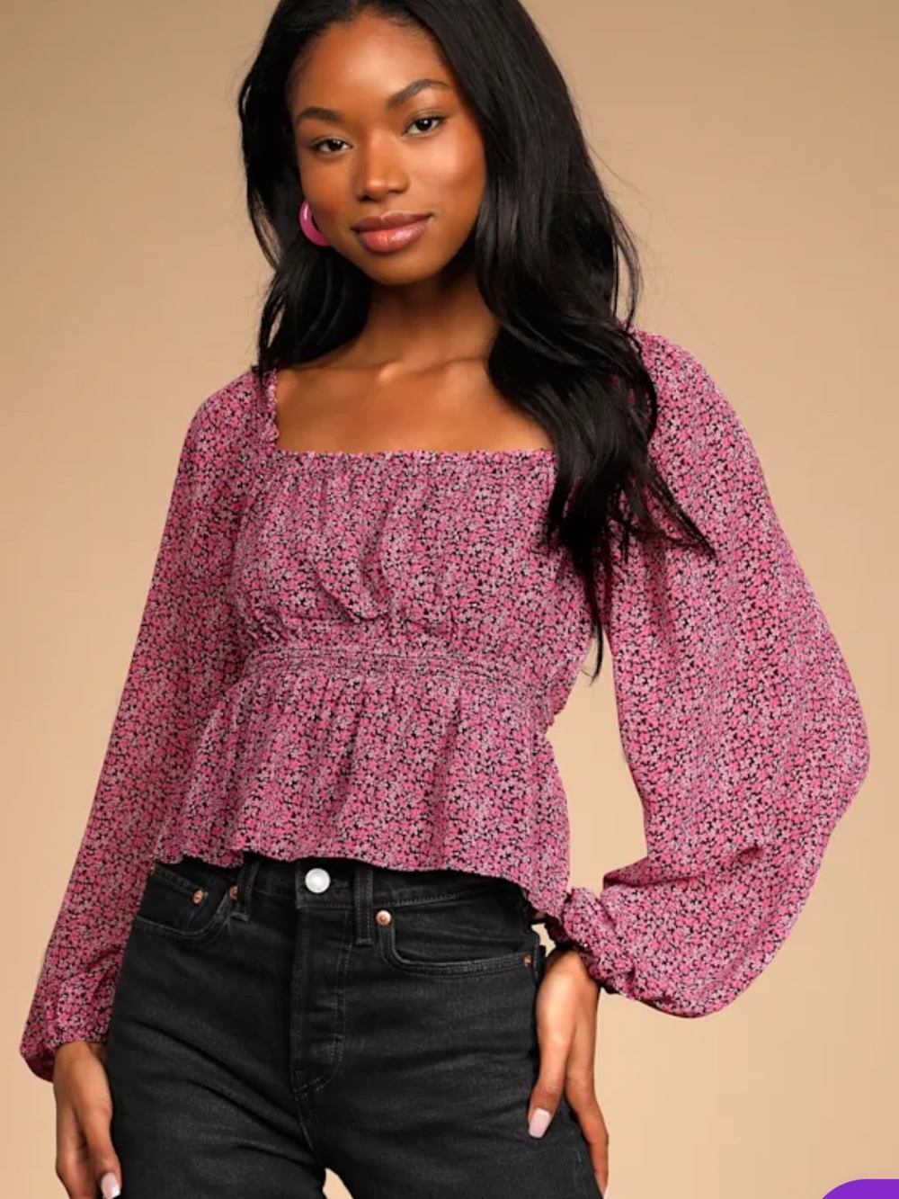 Lush Va Va Bloom Pink Floral Smocked Peplum Blouse Size Small